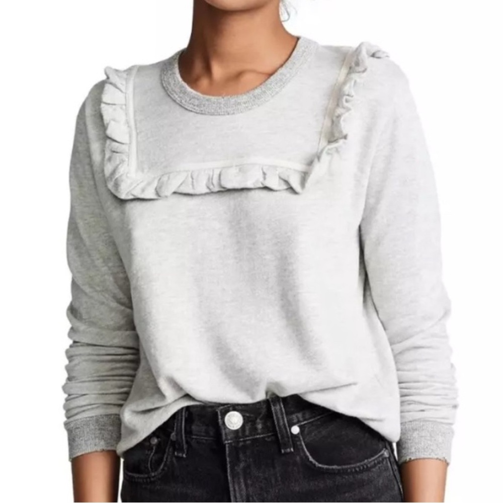 THE GREAT. | Women’s Grey Heather Ruffle Bib Front Crewneck Pulllover Top Size L